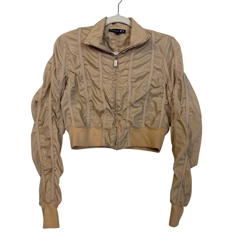 Vtg 90s Y2K BEBE Beige Ruched Cropped Bomber Jacket Sz M Full Zip Bratz USA Made